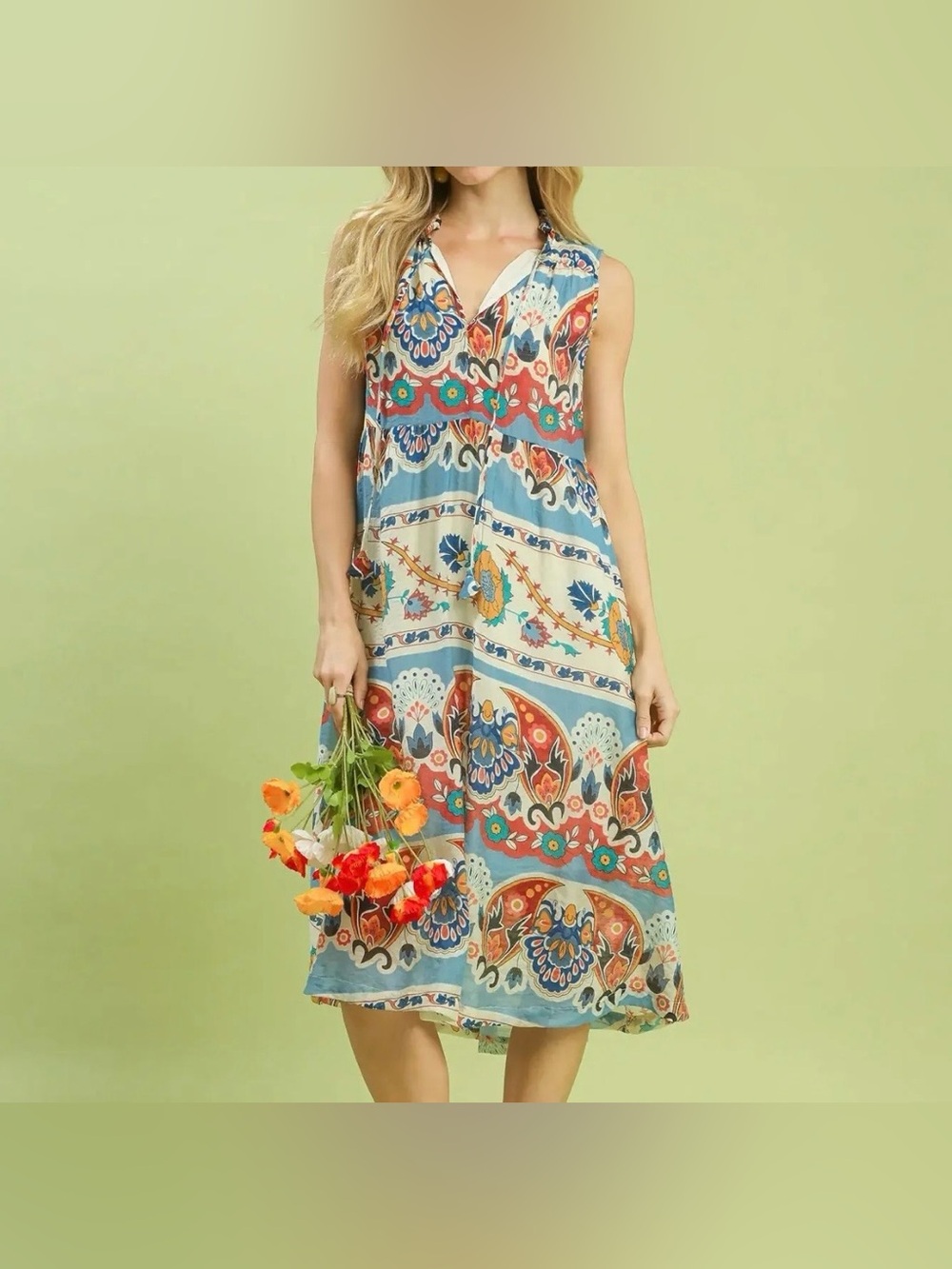 Umgee Colorful Paisley Midi Dress Boho Floral Romantic Enchanted Viscose Whimsy - Picture 4 of 14